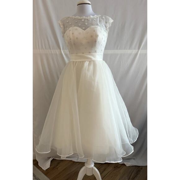 Retro 50s Polka Dot Mesh Tea Length Women's 8 Dress Wedding Pinup Old Hollywood - Picture 2 of 10